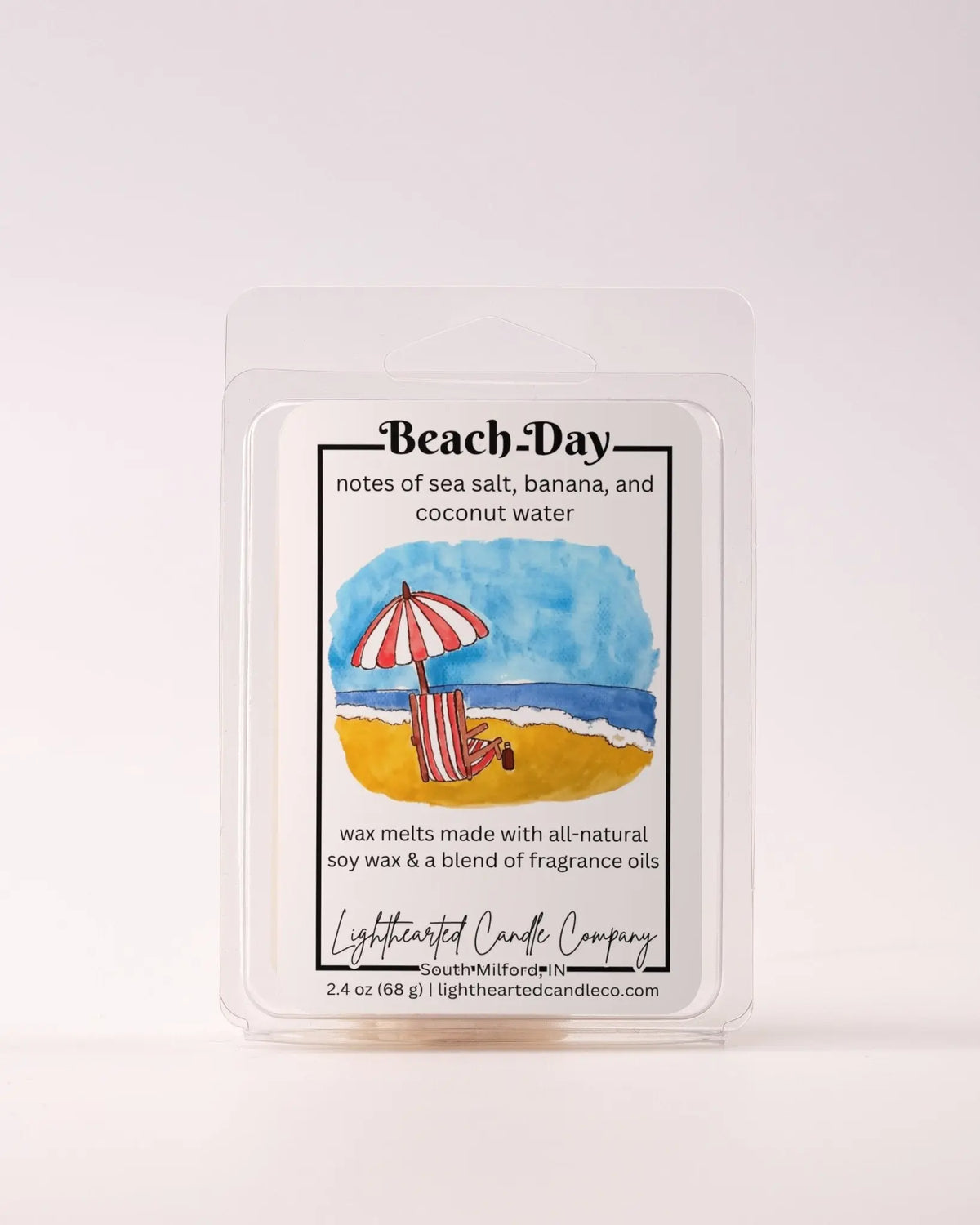 Single Beach Day Wax Melt 2.4 oz clamshell on a pale background