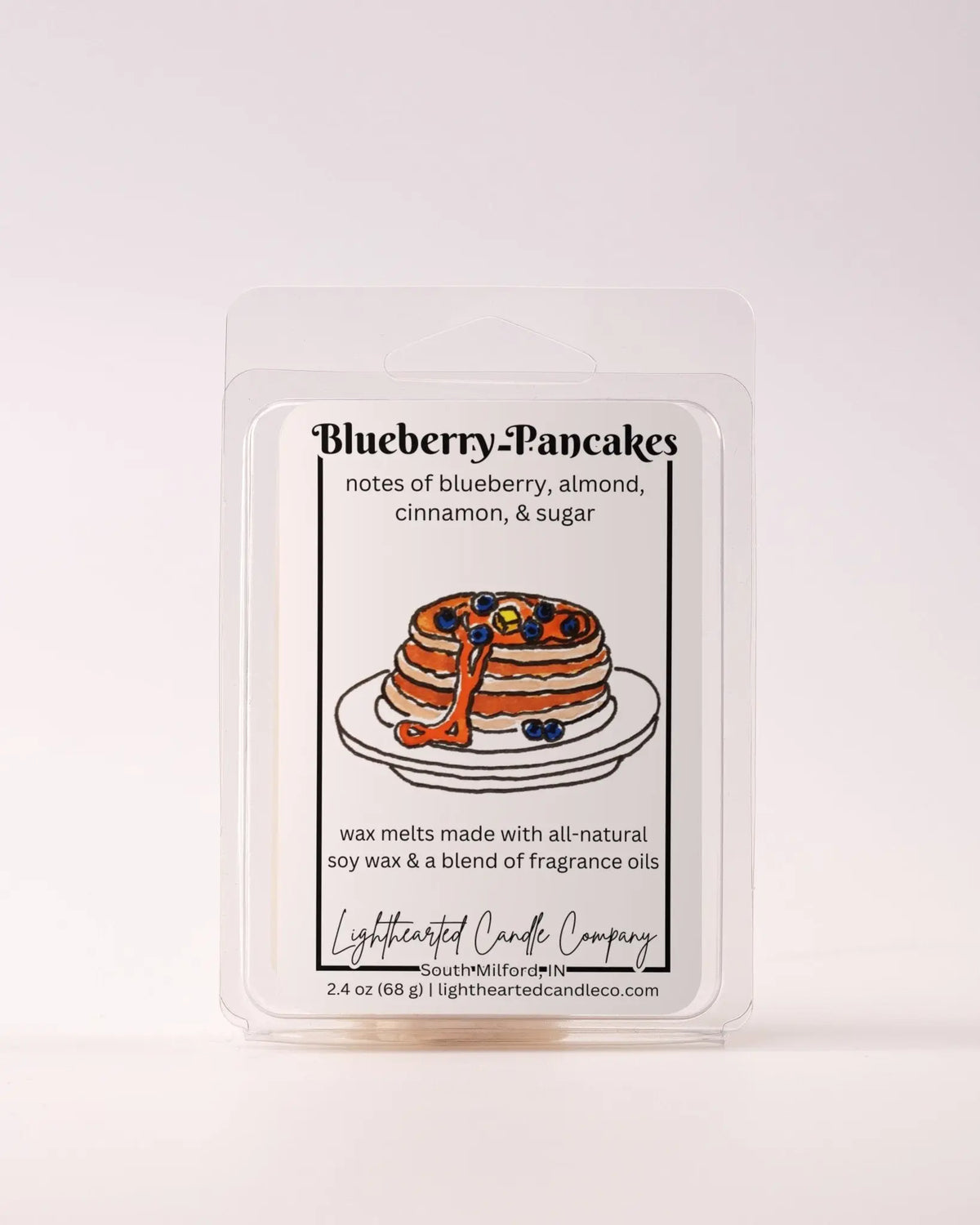 Single Blueberry Pancakes Wax Melt 2.4 oz clamshell on a pale background