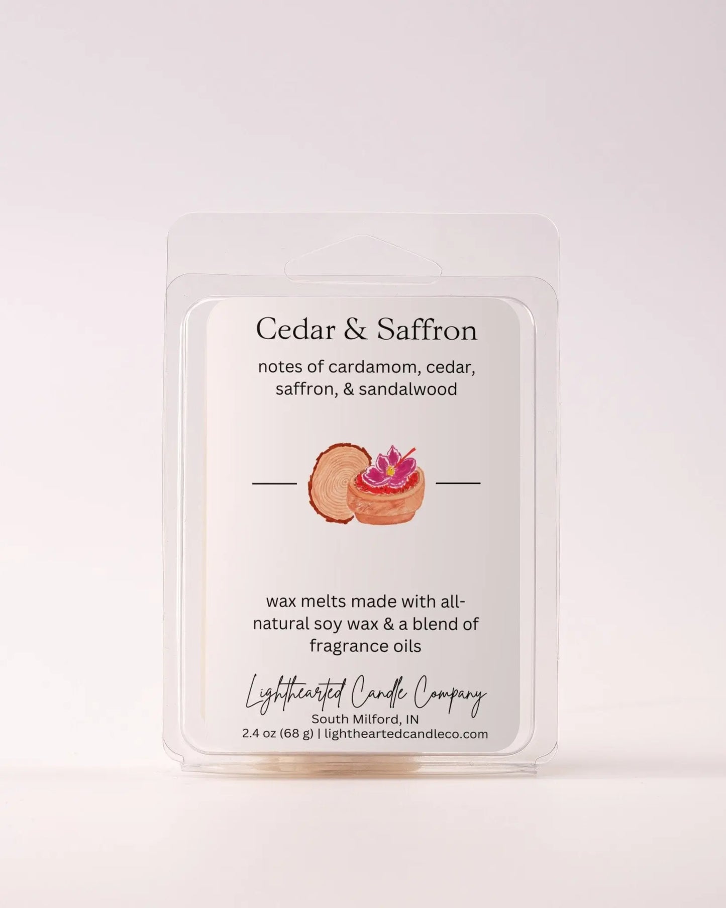 Single Cedar & Saffron Wax Melt 2.4 oz clamshell on a pale background