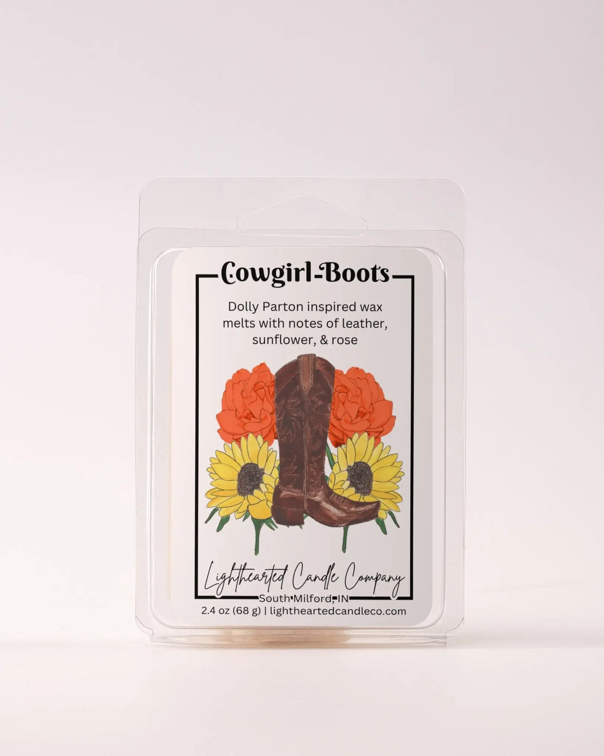 Single Cowgirl Boots Wax Melt 2.4 oz clamshell on a pale background