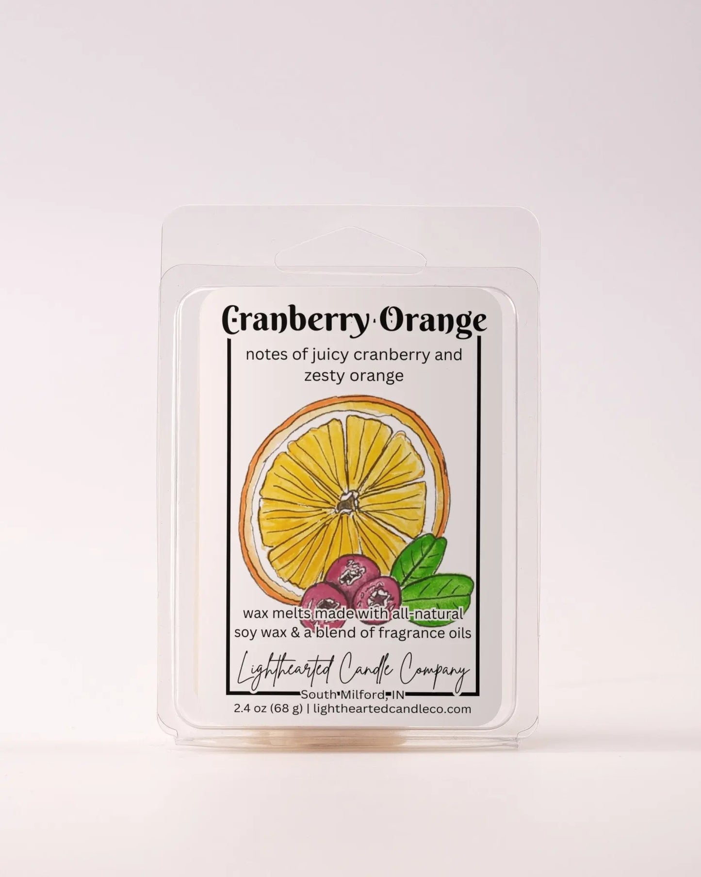Single Cranberry Orange Wax Melt 2.4 oz clamshell on a pale background
