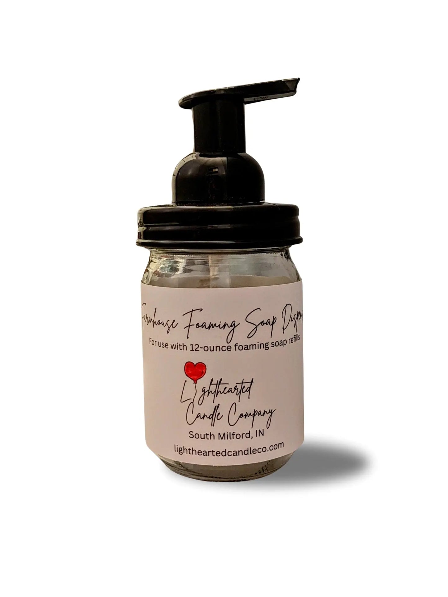 Reusable farmhouse-style glass foaming soap dispenser with a black pump