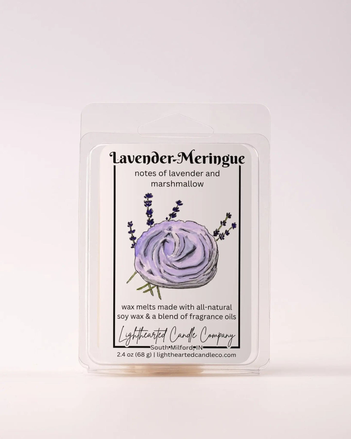 Single Lavender Meringue Wax Melt 2.4 oz clamshell on a pale background