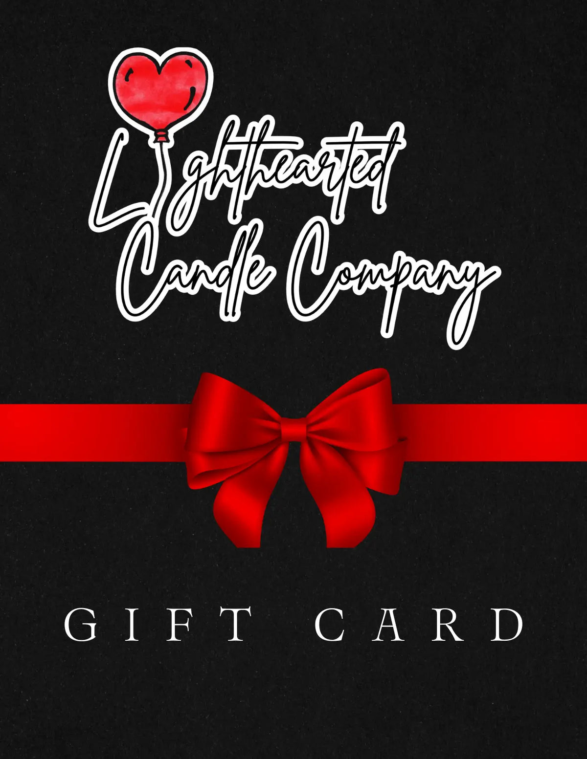 Black Lighthearted Candle Company gift card with red ribbon and heart logo