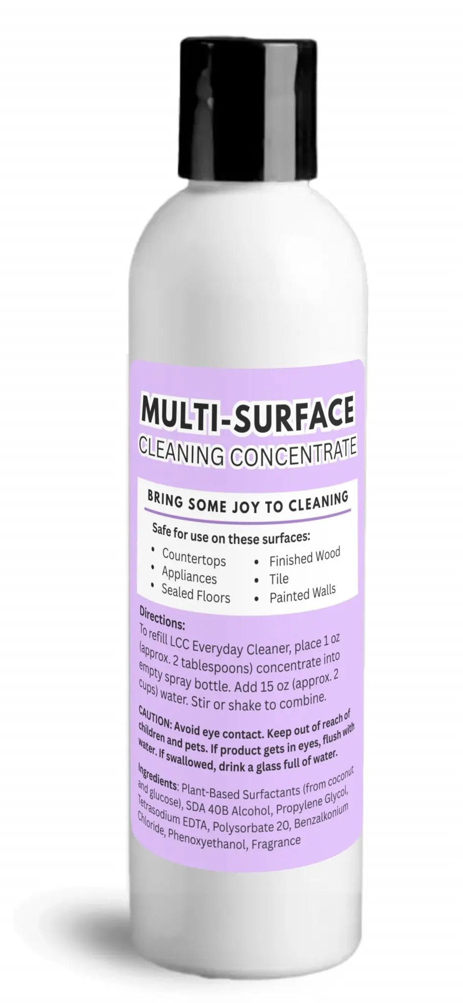 Back label of the Lilac Bush multi-surface cleaning concentrate bottle on white