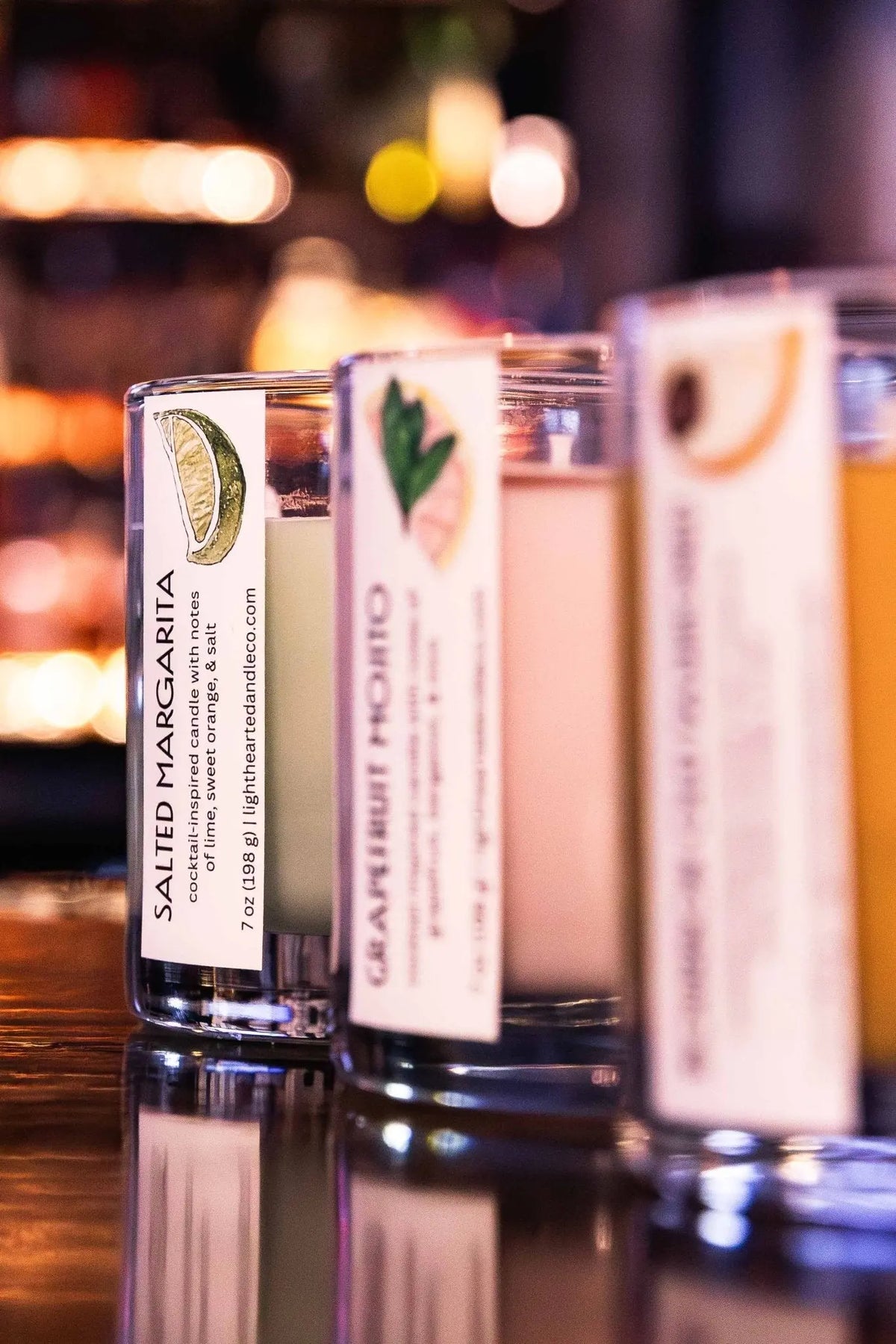 Close-up of Salted Margarita Candle with lime garnish on the bar