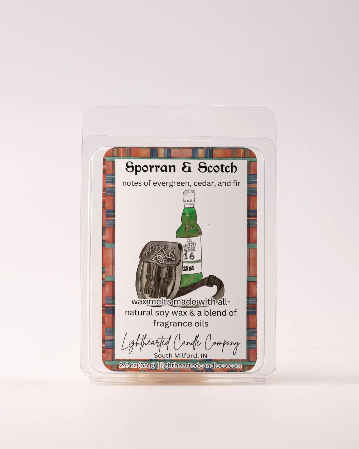 Single Sporran & Scotch Wax Melt 2.4 oz clamshell on a pale background