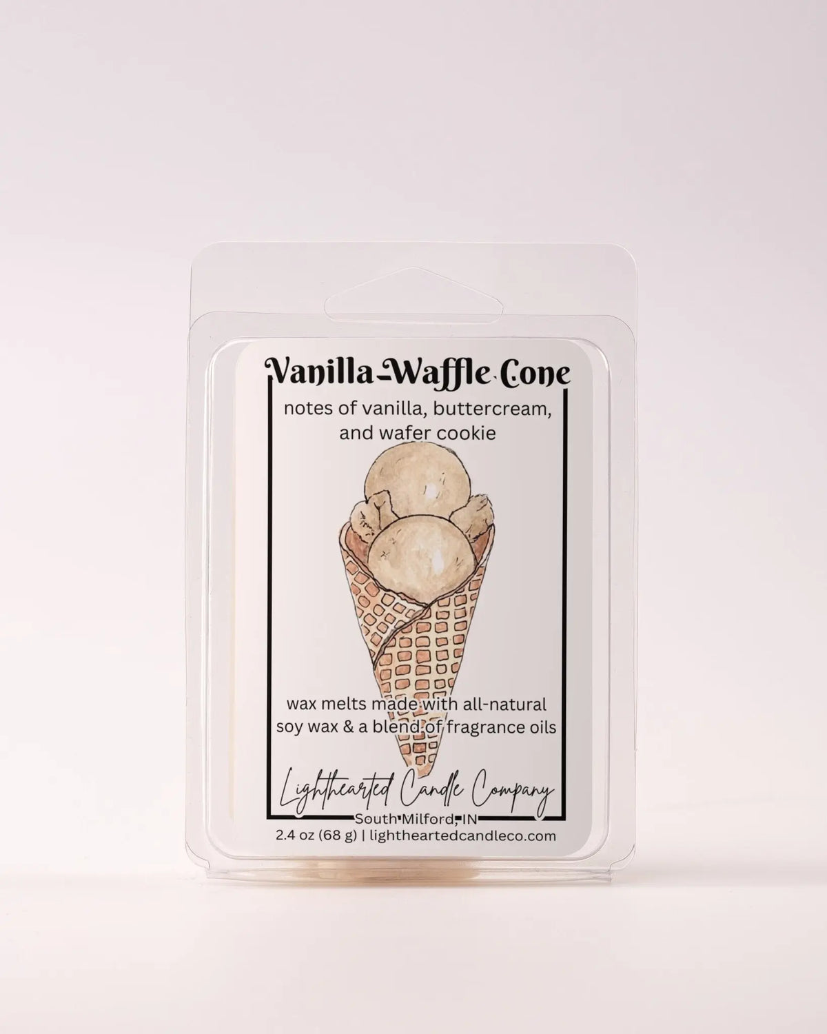 Single Vanilla Waffle Cone Wax Melt 2.4 oz clamshell on a pale background