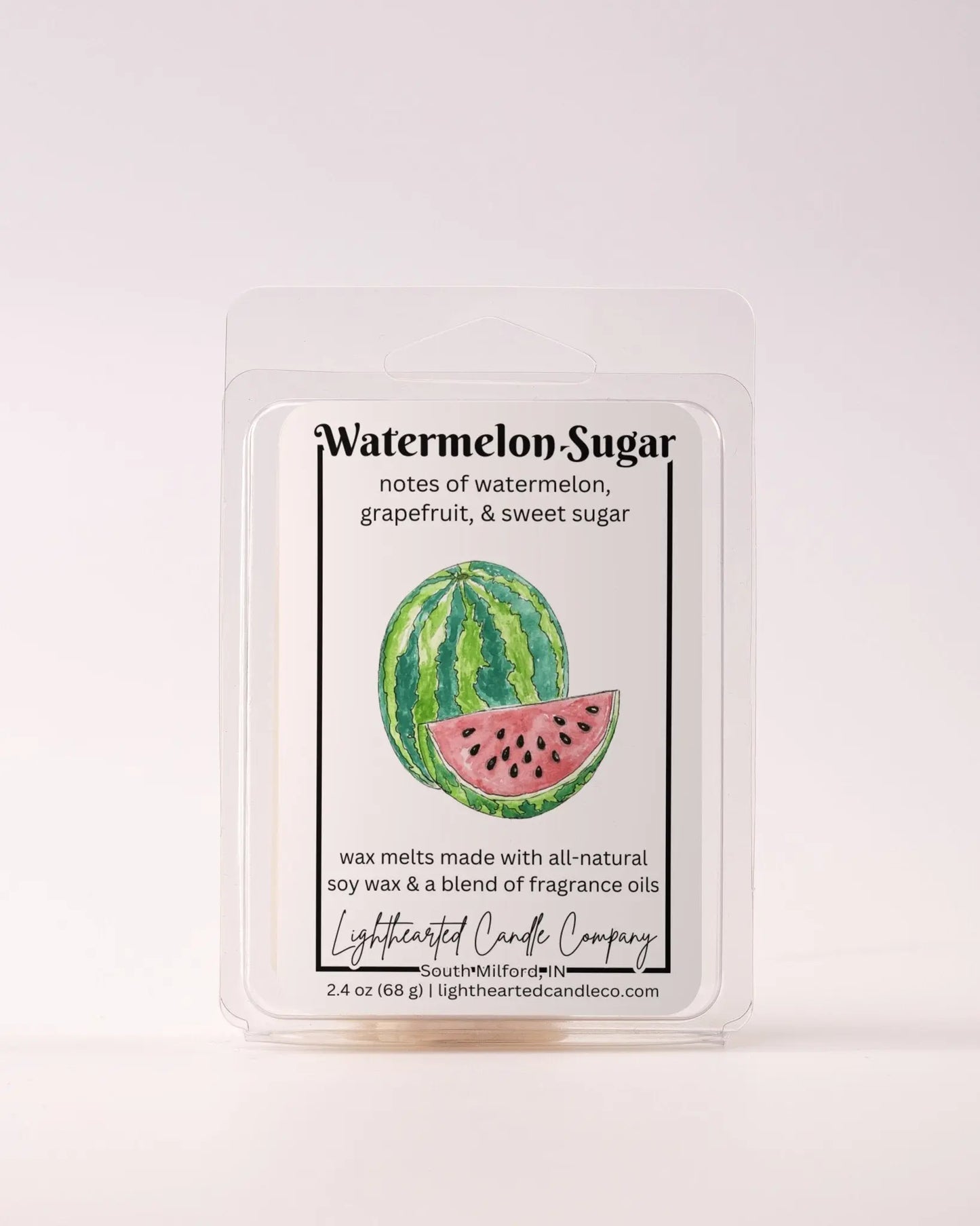 Single Watermelon Sugar Wax Melt 2.4 oz clamshell on a pale background
