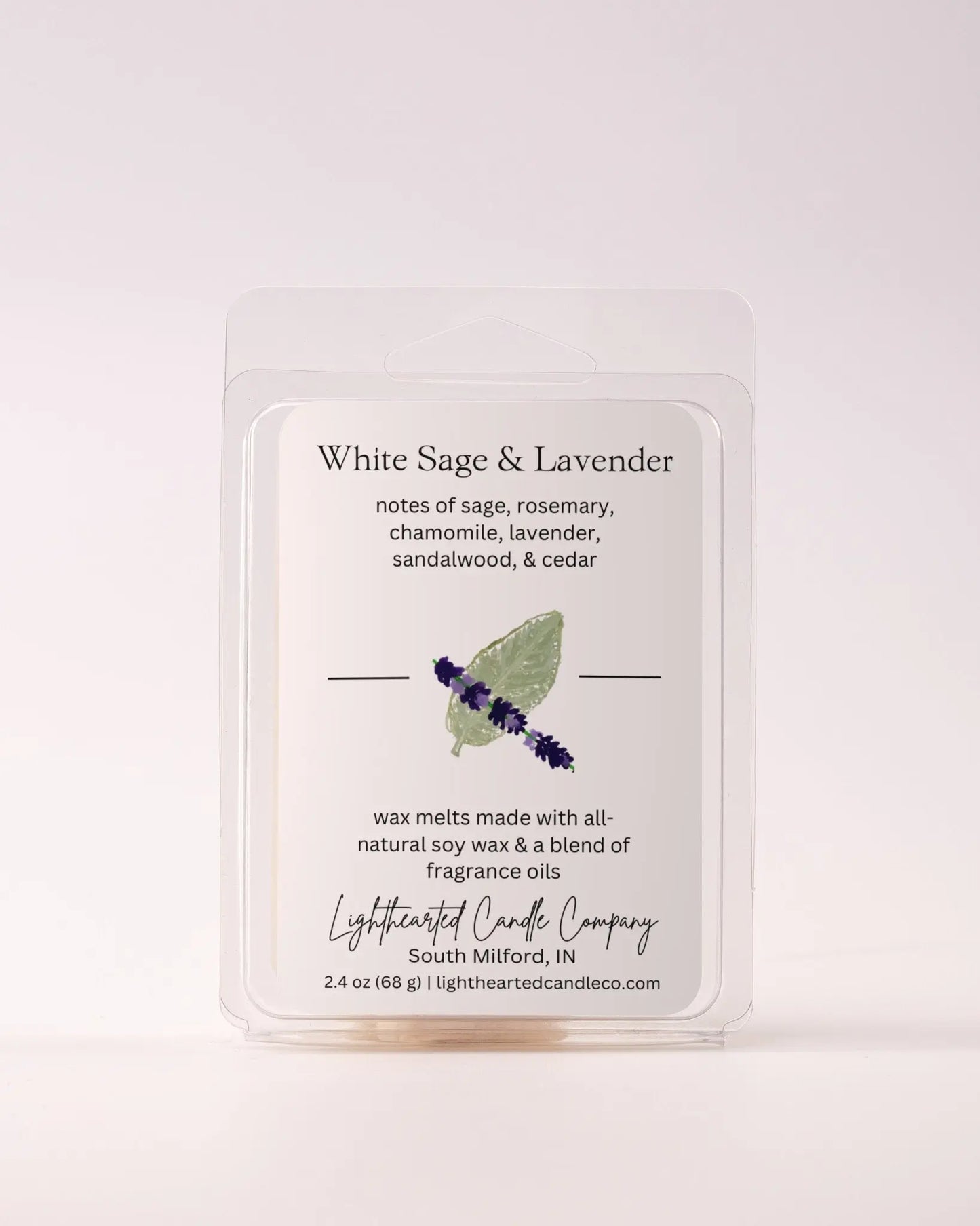 Single White Sage & Lavender Wax Melt 2.4 oz clamshell on a pale background