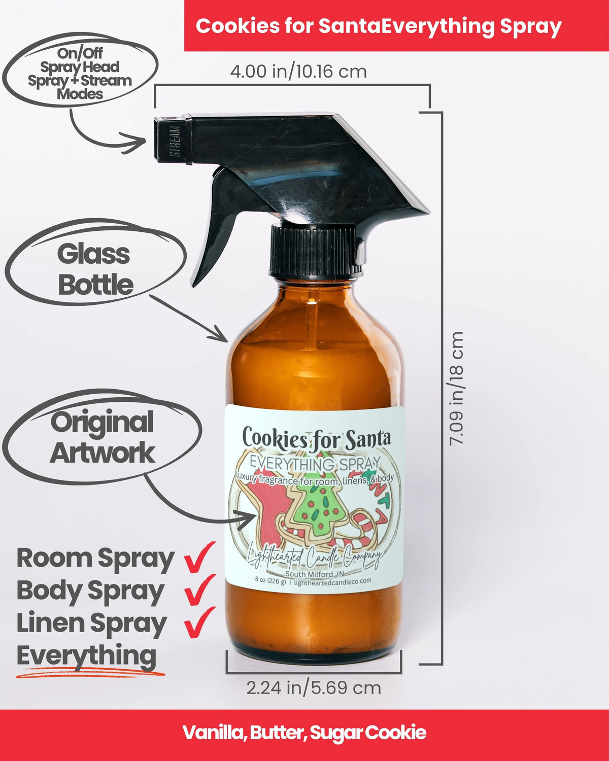 Cookies for Santa Everything Spray specs: 8 oz amber glass bottle and fine-mist sprayer for room, body and linen