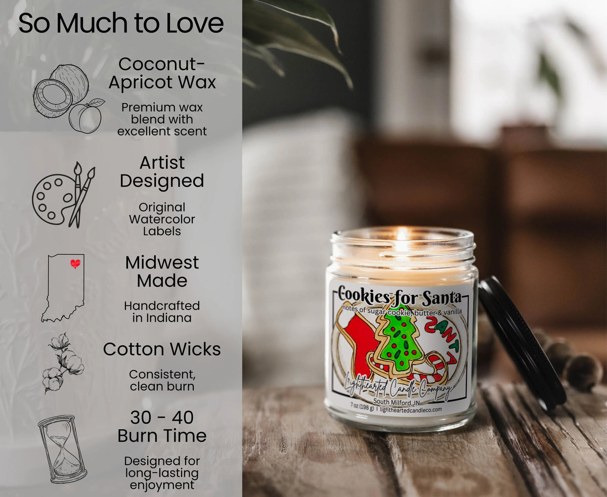 Cookies for Santa Candle features: coconut wax blend, cotton wick, original art, Indiana made and 30–40 hour burn