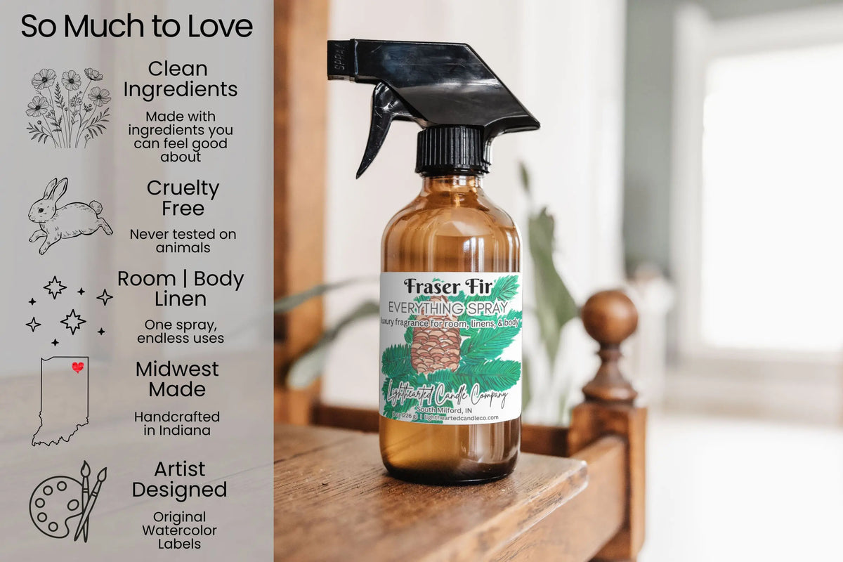 Fraser Fir Everything Spray features: clean ingredients, cruelty-free, room/body/linen use and Midwest-made art