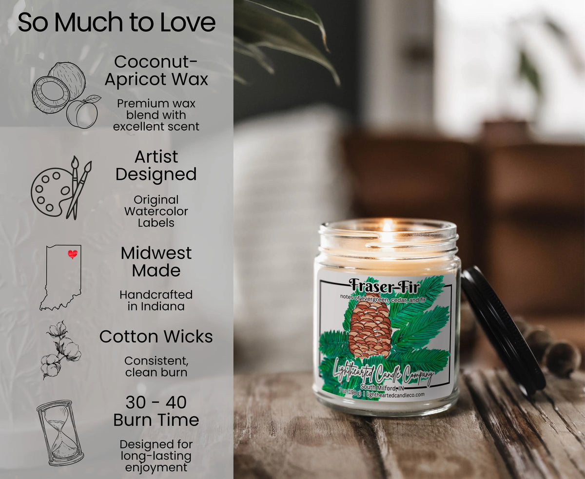 Fraser Fir Candle features: coconut wax blend, cotton wick, original art, Indiana made and 30–40 hour burn