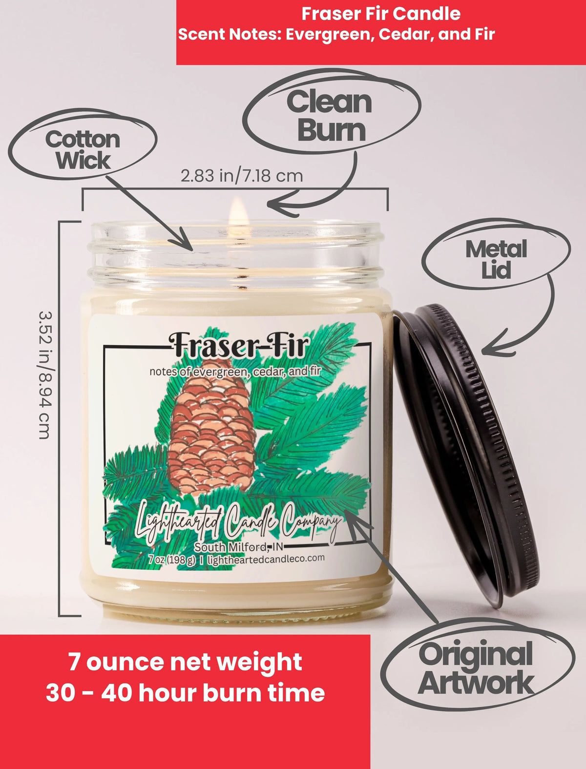 Fraser Fir Candle specs: 7 oz, cotton wick, metal lid, original art and 30–40 hour burn
