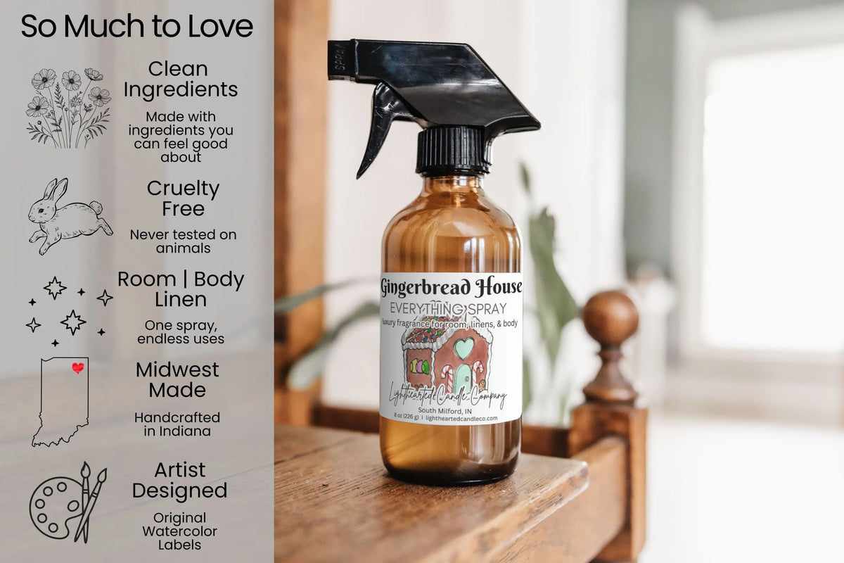 Gingerbread House Everything Spray features: clean ingredients, cruelty-free, room/body/linen use and Midwest-made art