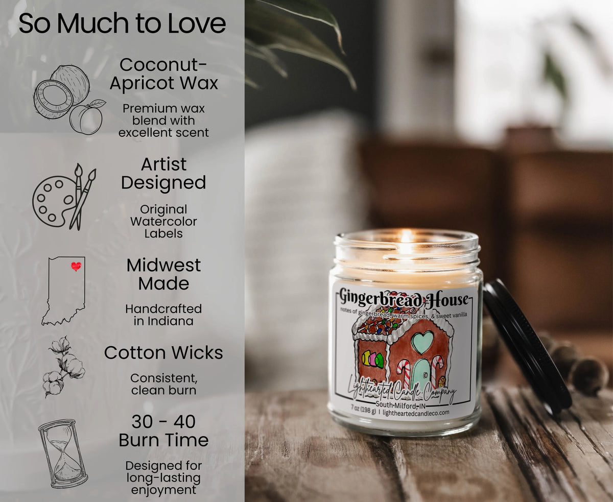 Alternate view Gingerbread House Candle in a clear glass jar with original watercolor artwork and a metal lid