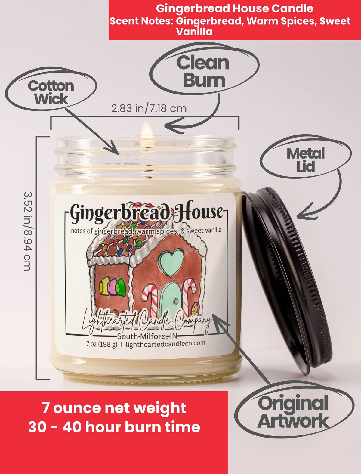 Alternate view Gingerbread House Candle in a clear glass jar with original watercolor artwork and a metal lid