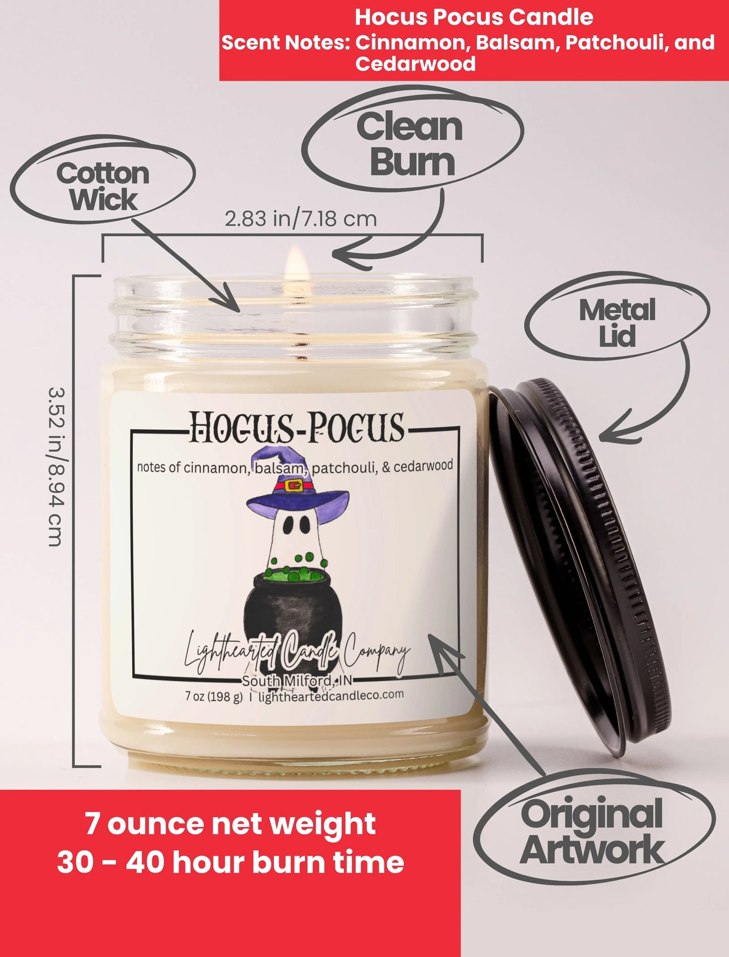 Hocus Pocus Candle specs: 7 oz, cotton wick, metal lid, original art and 30–40 hour burn