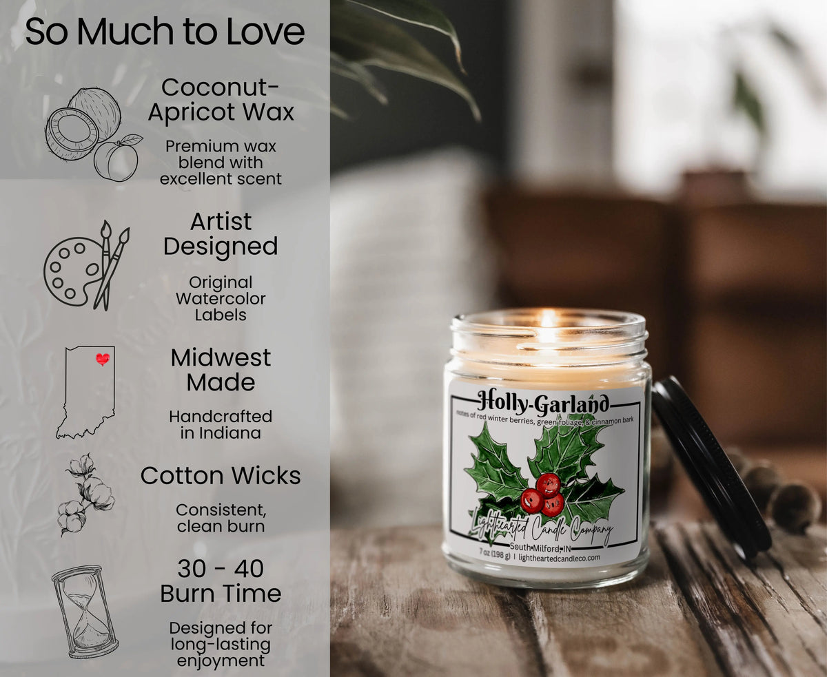 Alternate view Holly Garland Candle in a clear glass jar with original watercolor artwork and a metal lid