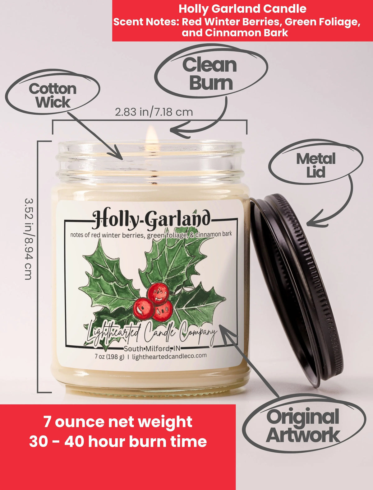 Alternate view Holly Garland Candle in a clear glass jar with original watercolor artwork and a metal lid
