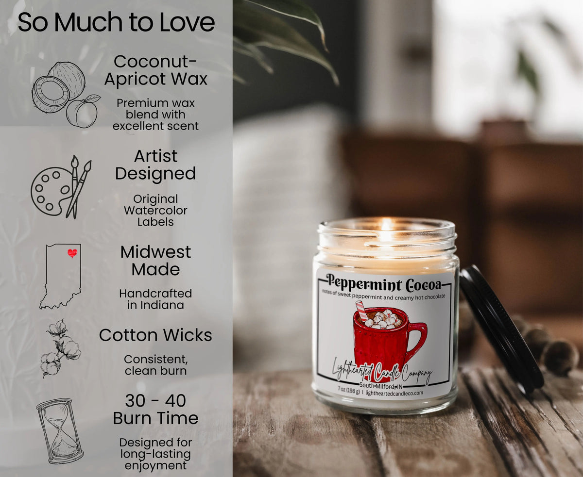 Peppermint Cocoa Candle features: coconut-apricot wax, cotton wick, original art, Midwest made and 30–40 hour burn