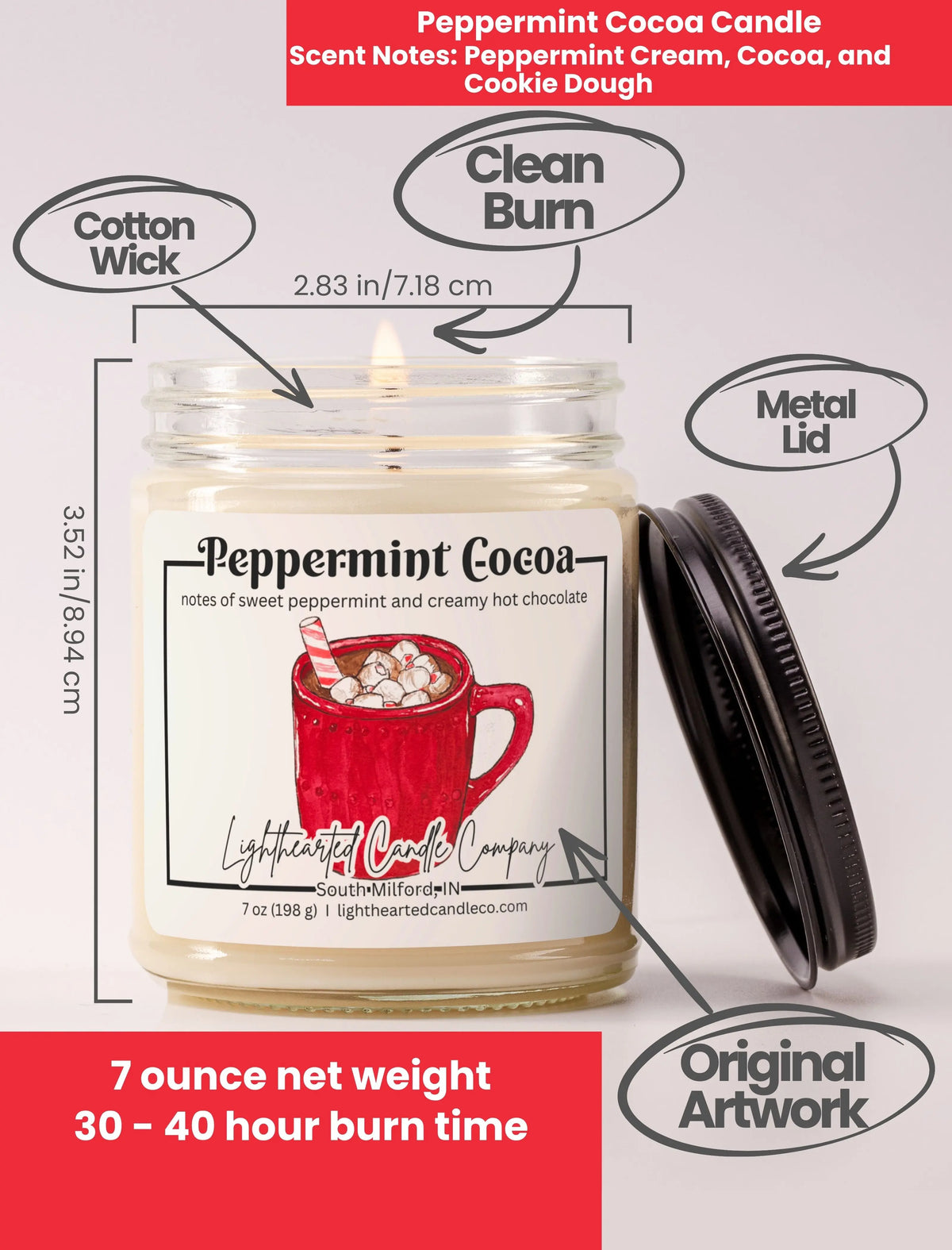 Peppermint Cocoa Candle specs: 7 oz, cotton wick, metal lid, original art and 30–40 hour burn