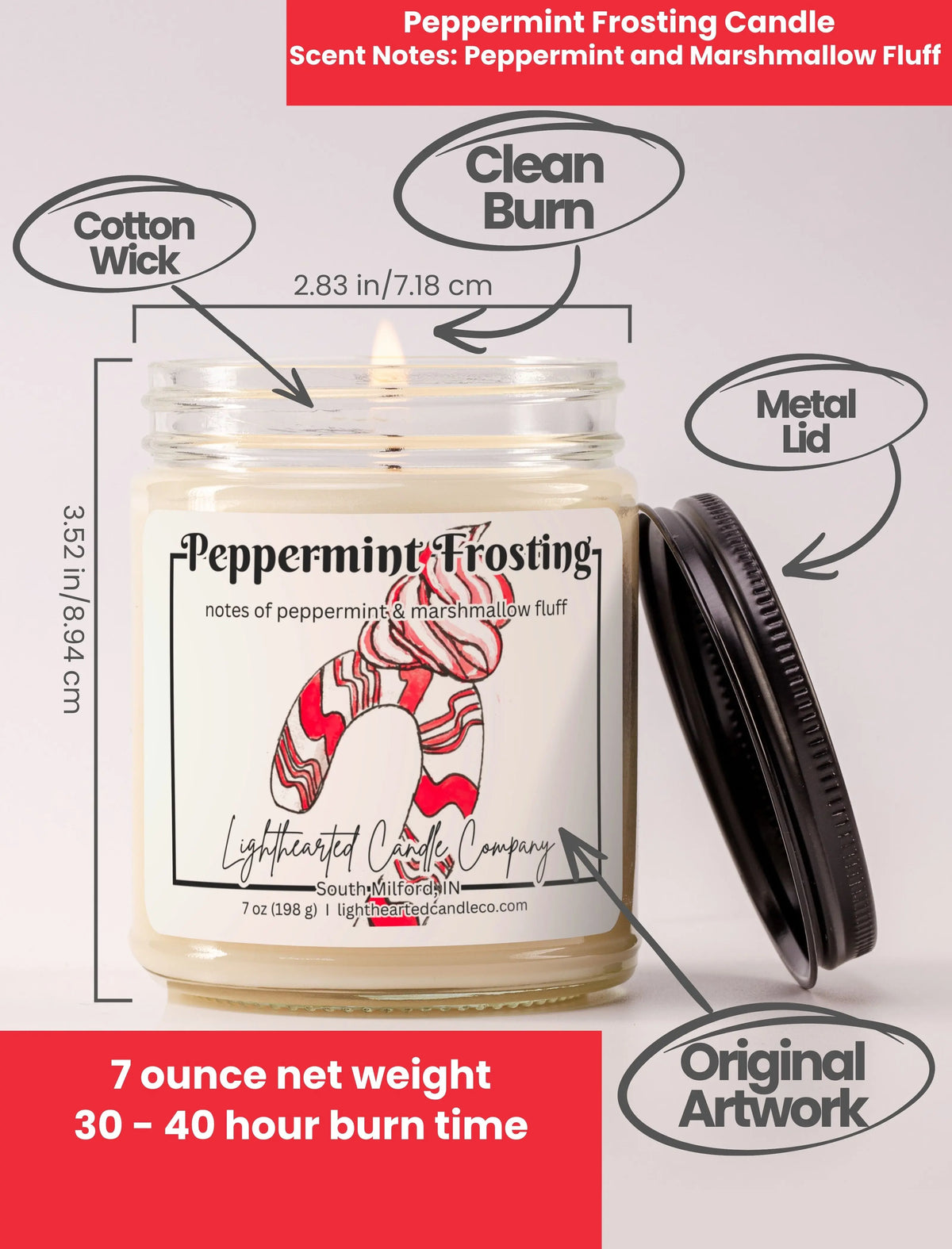 Peppermint Frosting Candle specs: 7 oz, cotton wick, metal lid, original art and 30–40 hour burn