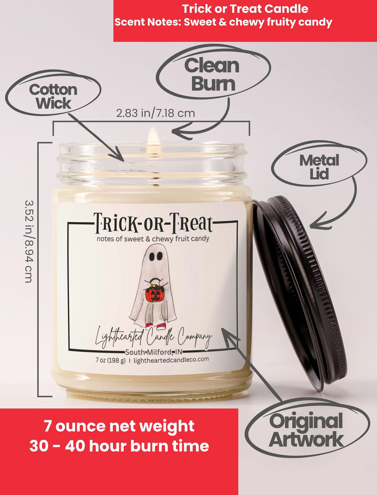 Trick or Treat Candle specs: 7 oz, cotton wick, metal lid, original art and 30–40 hour burn