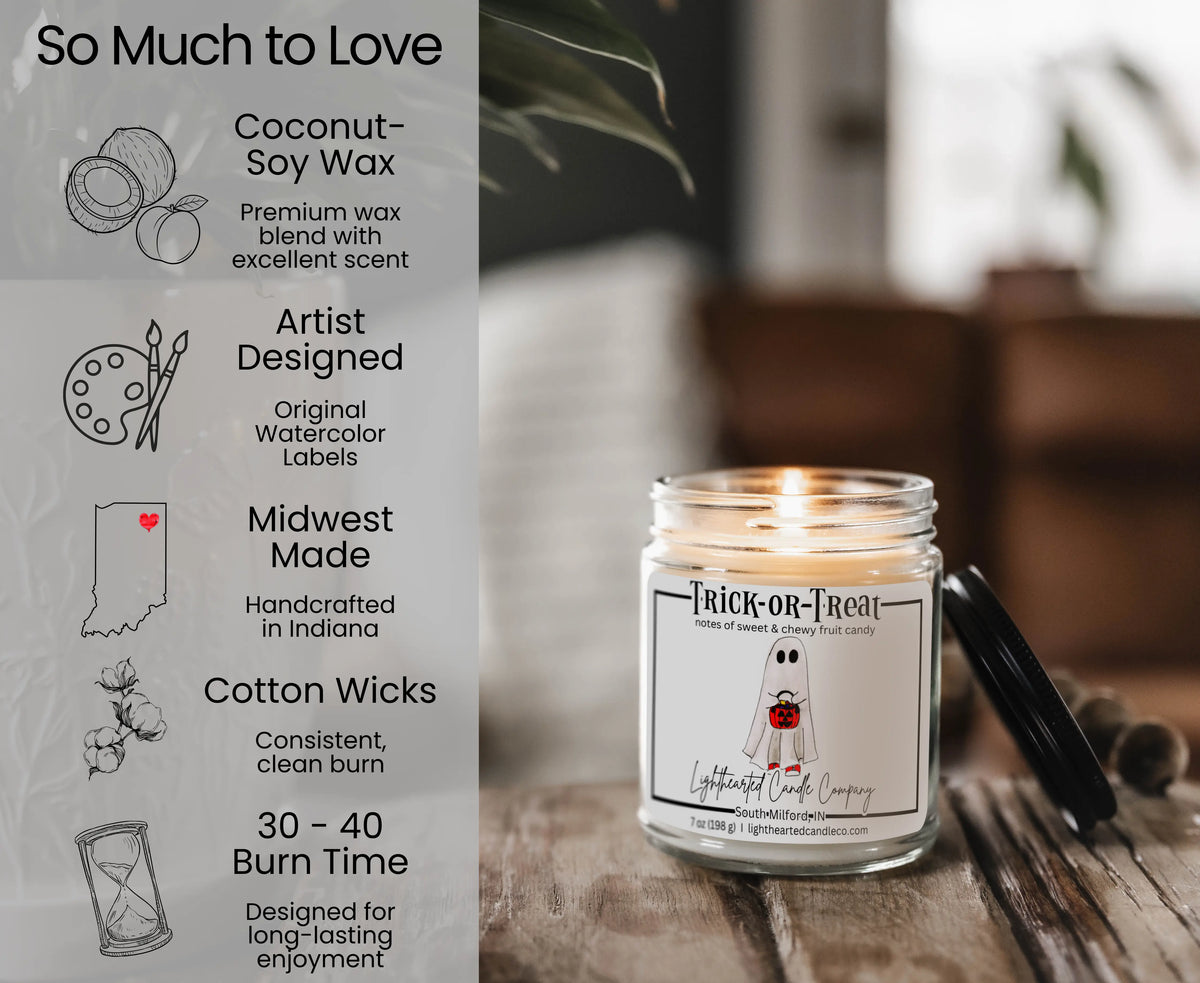 Trick or Treat Candle features: coconut-soy wax, cotton wick, original art, Midwest made and 30–40 hour burn