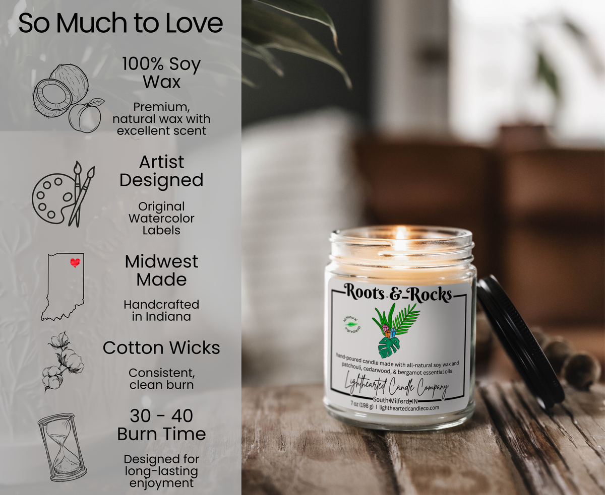 Roots & Rocks Essential Oil Candle features: 100% soy wax, cotton wick, original art, Midwest made and 30–40 hour burn
