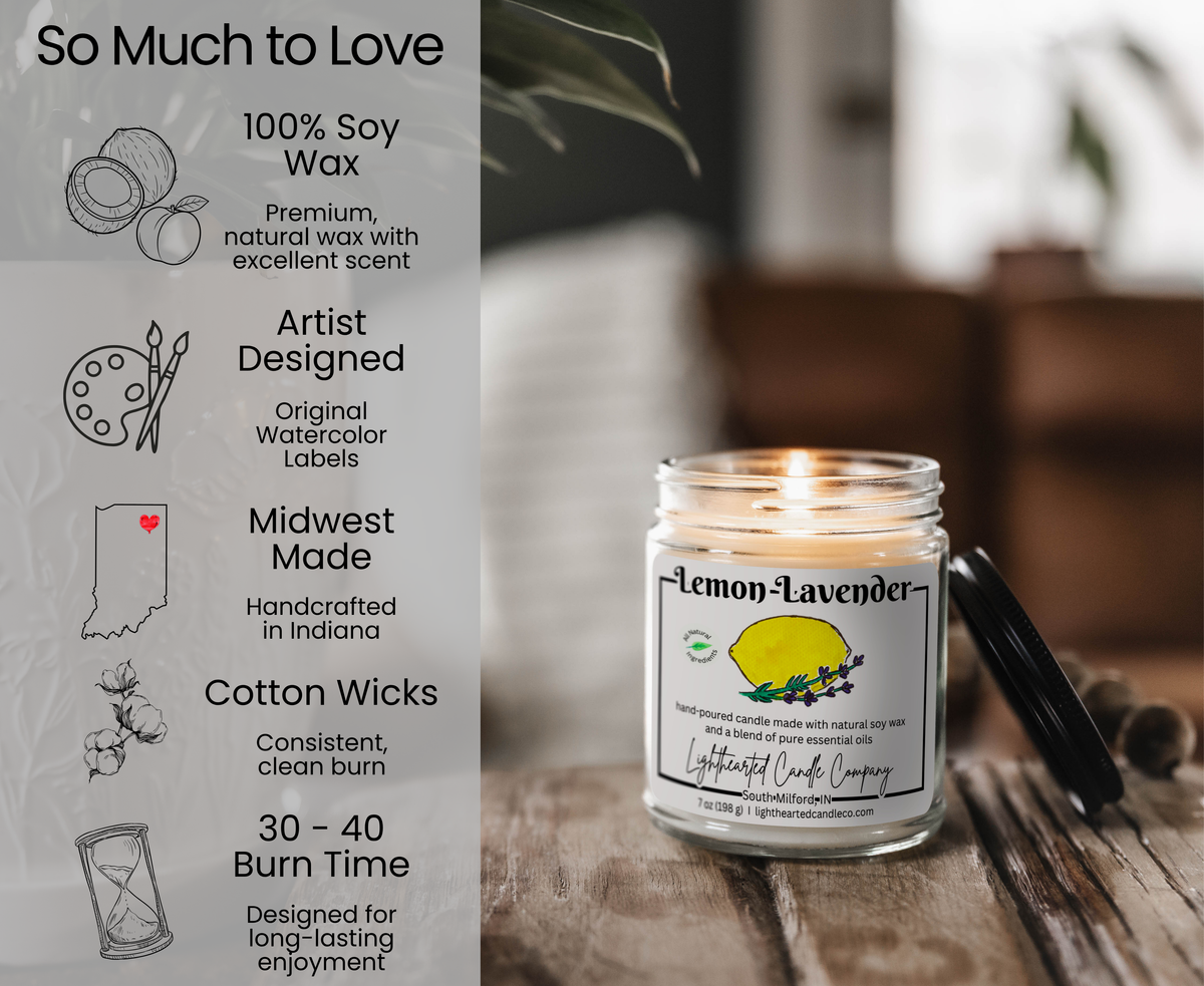 Lemon Lavender Essential Oil Candle features: 100% soy wax, cotton wick, original art and 30–40 hour burn