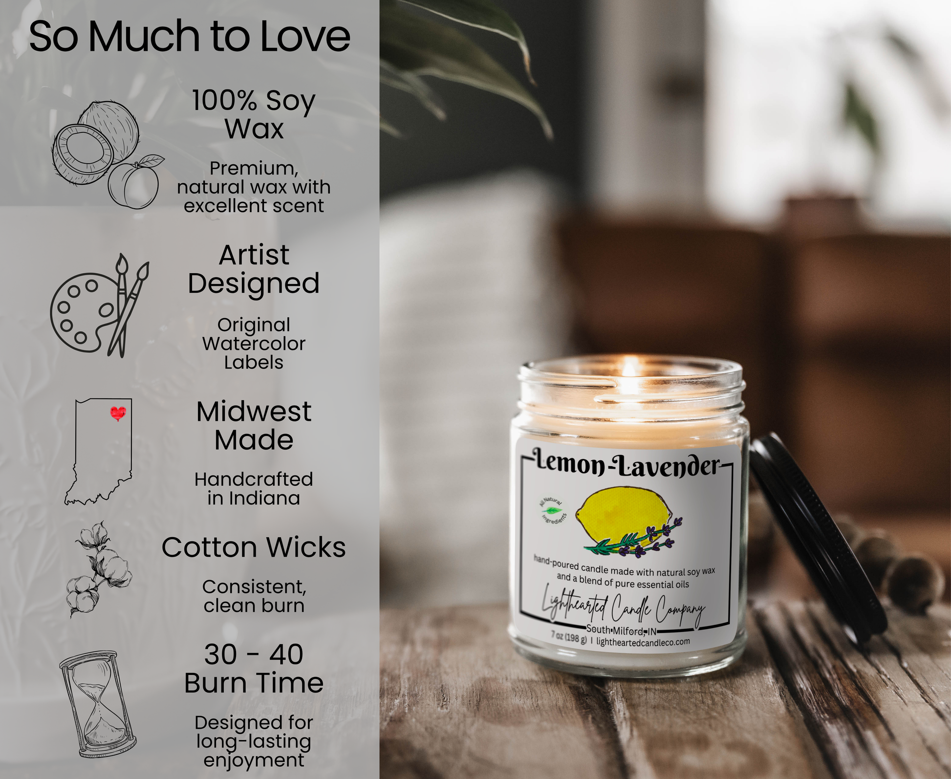 Lemon Lavender Essential Oil Candle features: 100% soy wax, cotton wick, original art and 30–40 hour burn