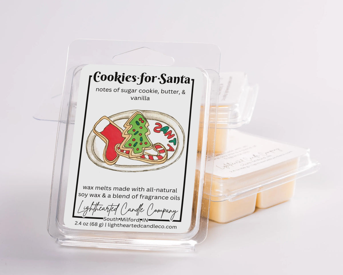 Cookies for Santa Wax Melt clamshells arranged in a stack on a pale background