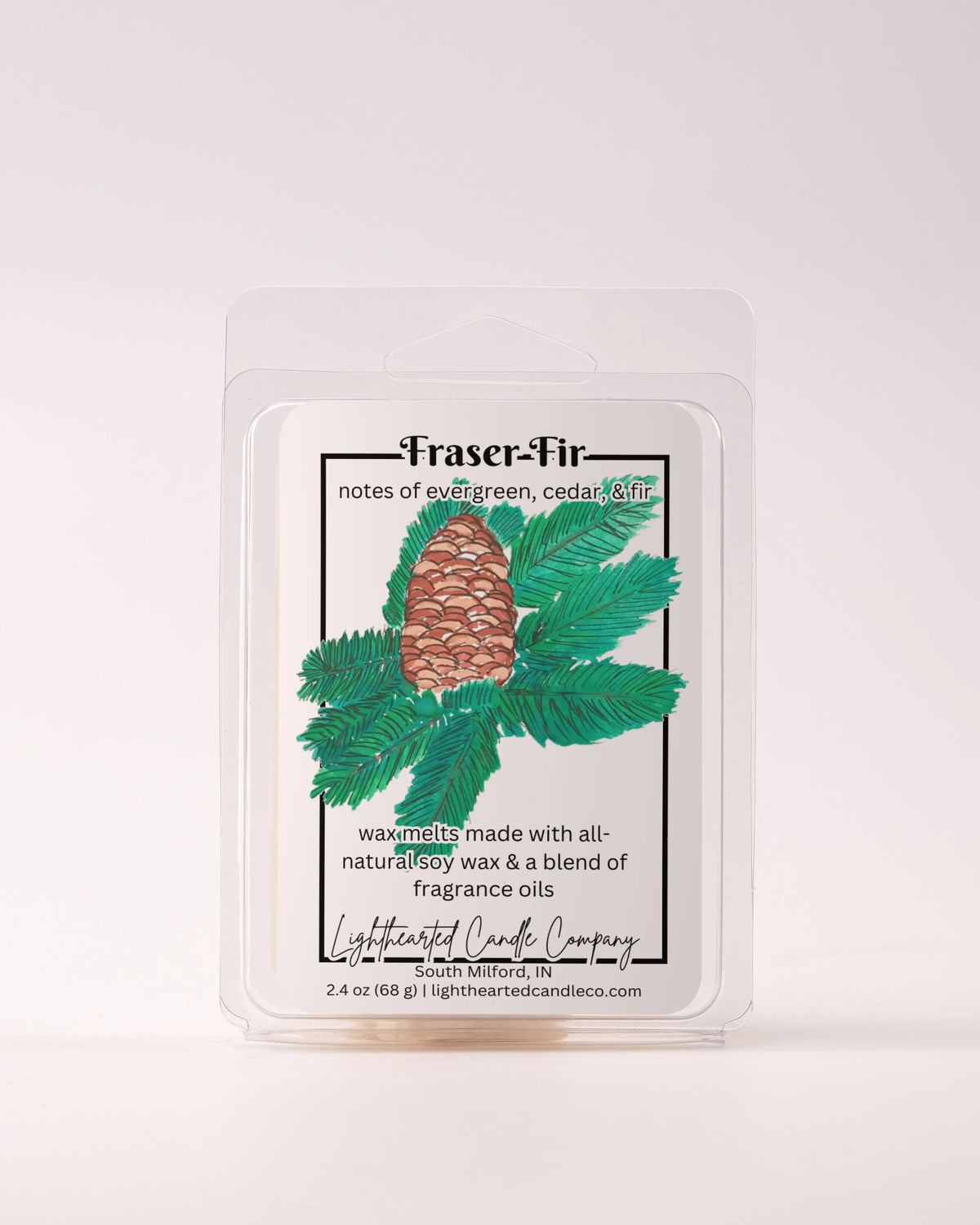 Single Fraser Fir Wax Melt 2.4 oz clamshell on a pale background