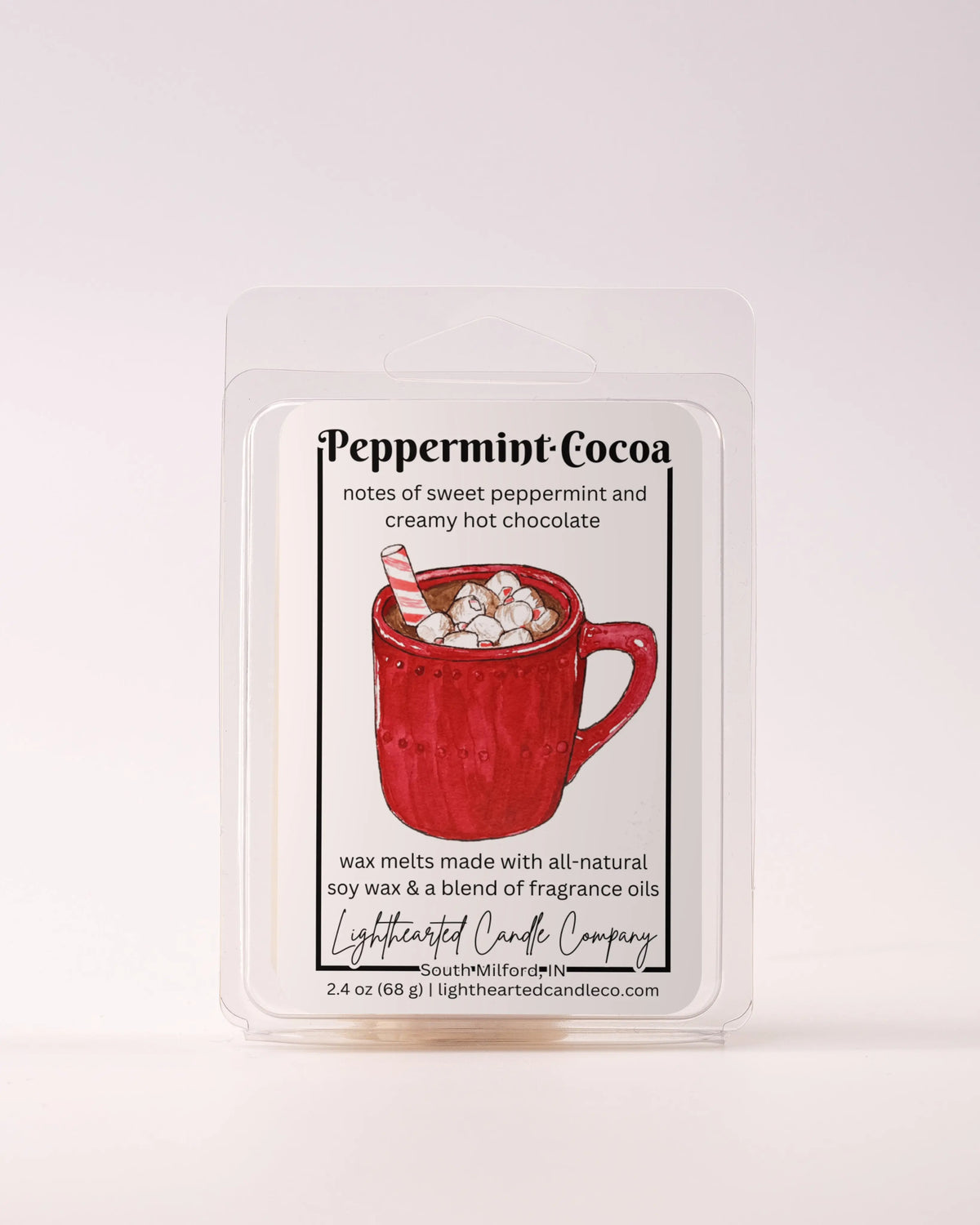 Single Peppermint Cocoa Wax Melt 2.4 oz clamshell on a pale background