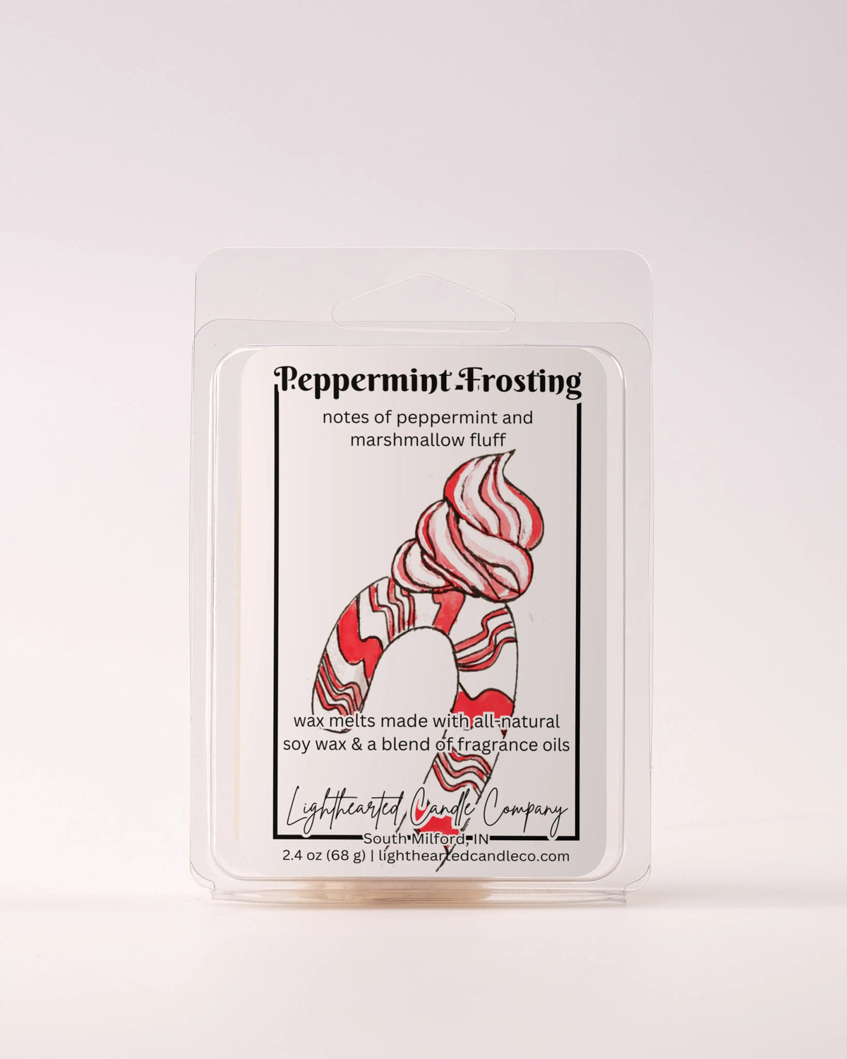 Single Peppermint Frosting Wax Melt 2.4 oz clamshell on a pale background