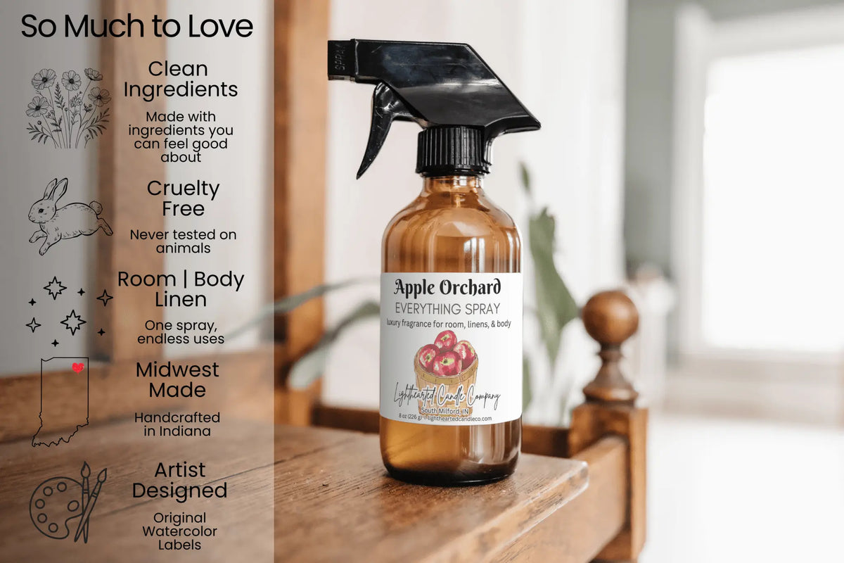 Apple Orchard Everything Spray features: clean ingredients, cruelty-free, room/body/linen use and Midwest-made art