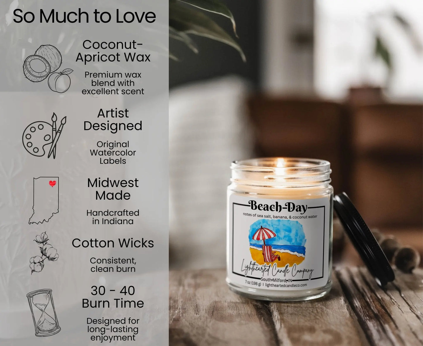 Beach Day Candle features: coconut-apricot wax, cotton wick, original art, Midwest made and 30–40 hour burn