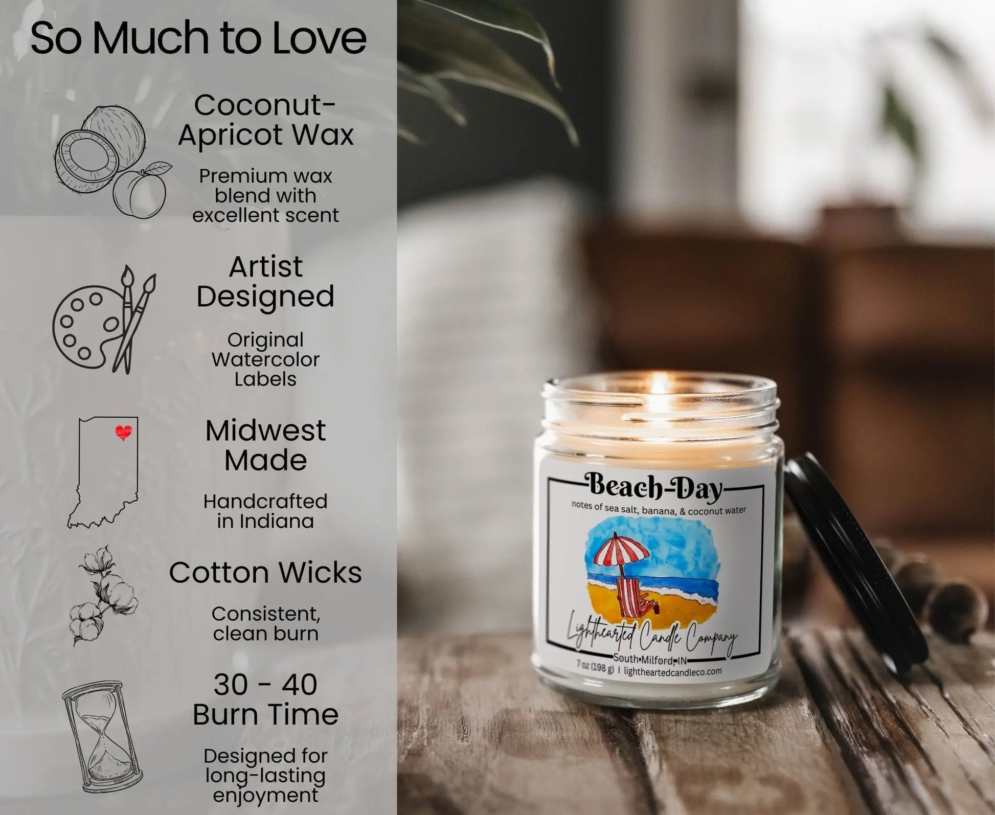 Beach Day Candle features: coconut-apricot wax, cotton wick, original art, Midwest made and 30–40 hour burn