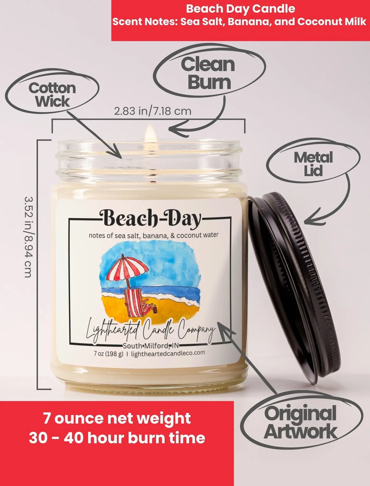 Beach Day Candle specs: 7 oz, cotton wick, metal lid, original art and 30–40 hour burn