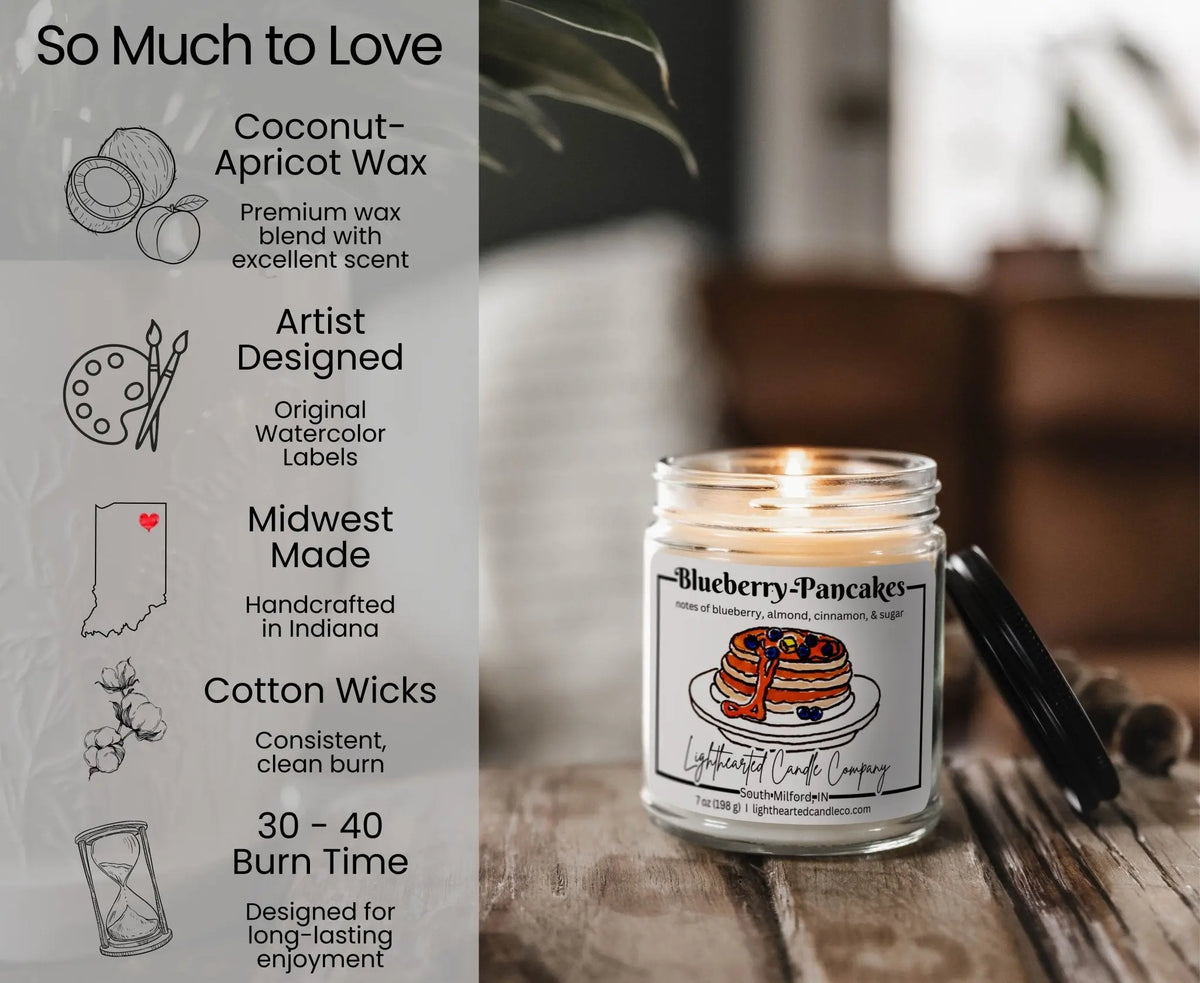 Blueberry Pancakes Candle features: coconut-apricot wax, cotton wick, original art, Midwest made and 30–40 hour burn