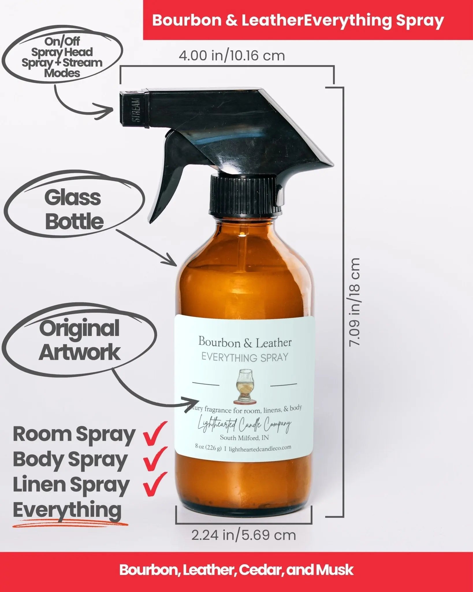 Bourbon & Leather Everything Spray specs: 8 oz amber glass bottle and fine-mist sprayer for room, body and linen