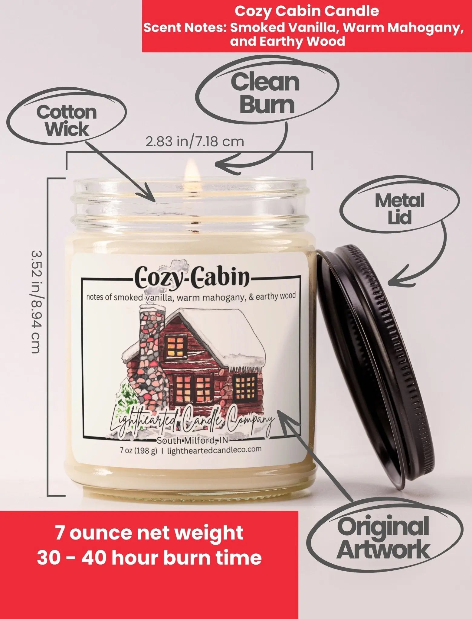 Cozy Cabin Candle specs: 7 oz, cotton wick, metal lid, original art and 30–40 hour burn
