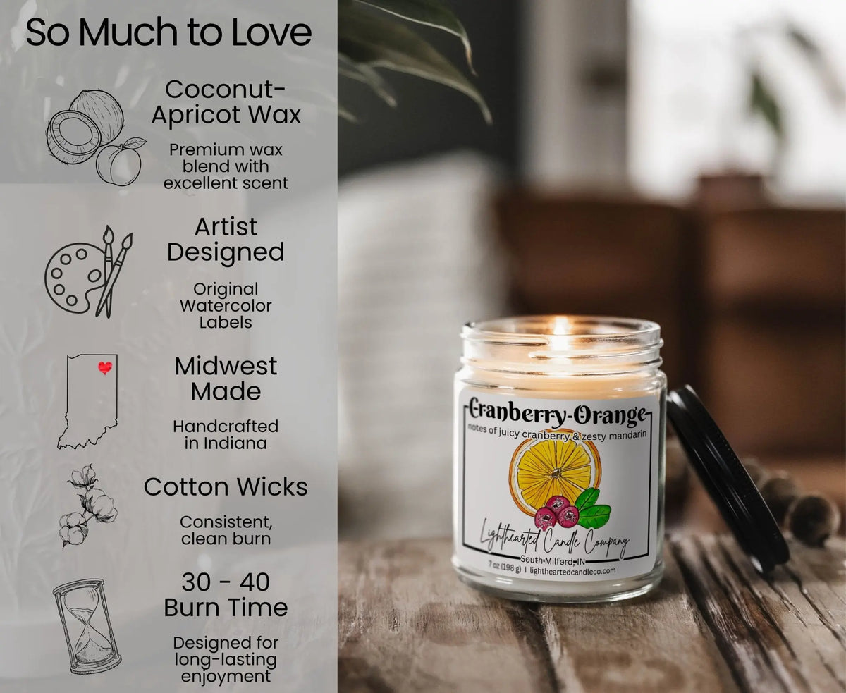 Cranberry Orange Candle features: coconut-apricot wax, cotton wick, original art, Midwest made and 30–40 hour burn