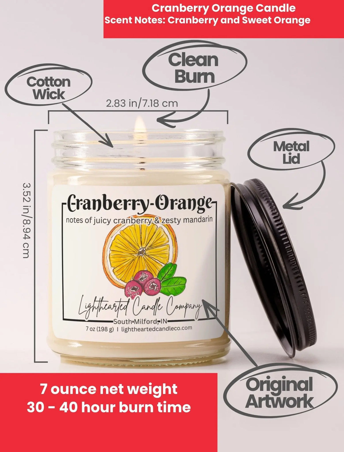 Cranberry Orange Candle specs: 7 oz, cotton wick, metal lid, original art and 30–40 hour burn