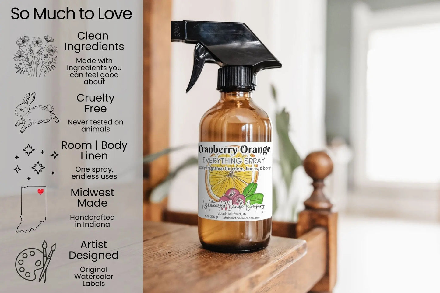 Cranberry Orange Everything Spray features: clean ingredients, cruelty-free, room/body/linen use and Midwest-made art