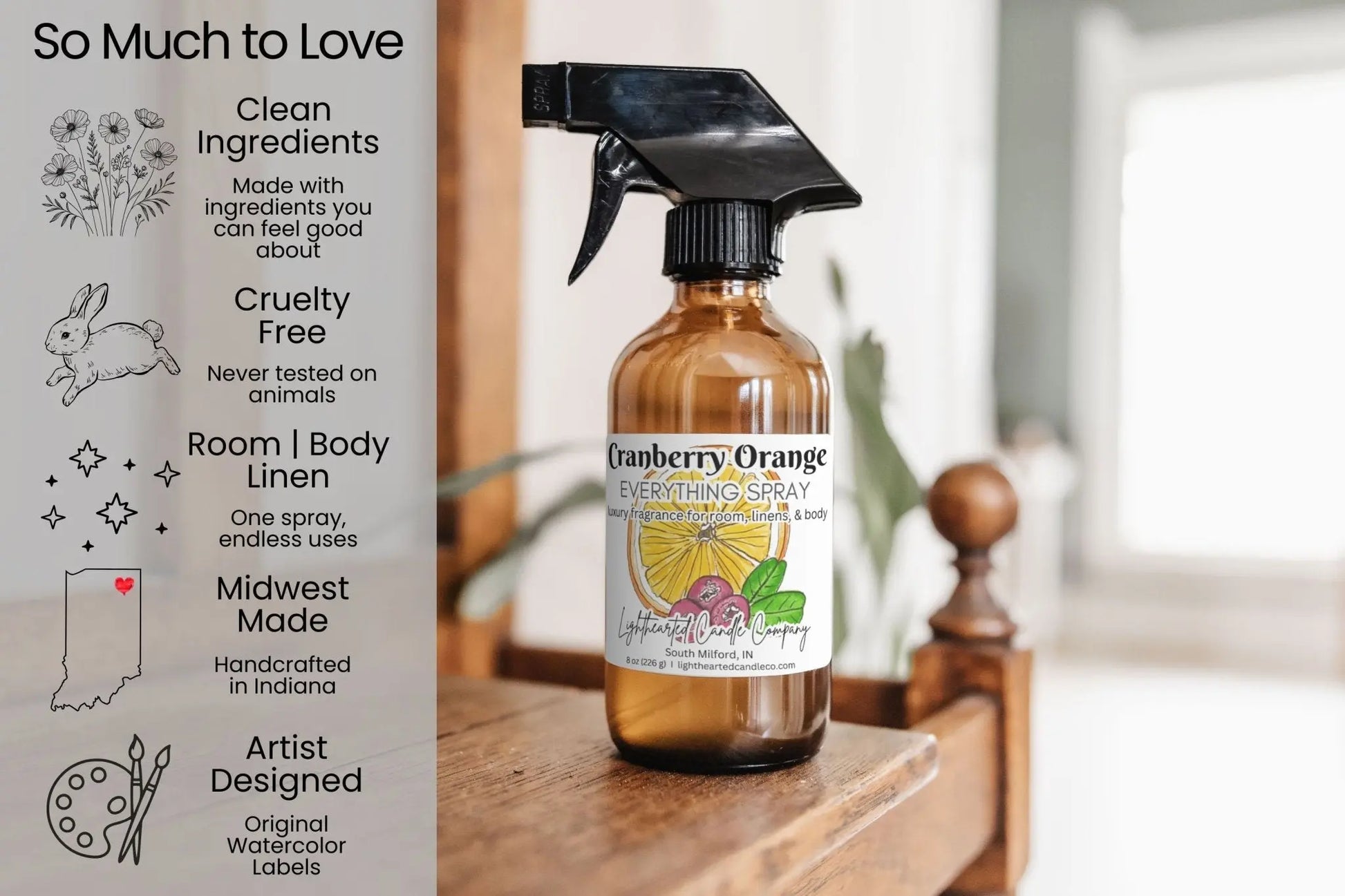 Cranberry Orange Everything Spray features: clean ingredients, cruelty-free, room/body/linen use and Midwest-made art