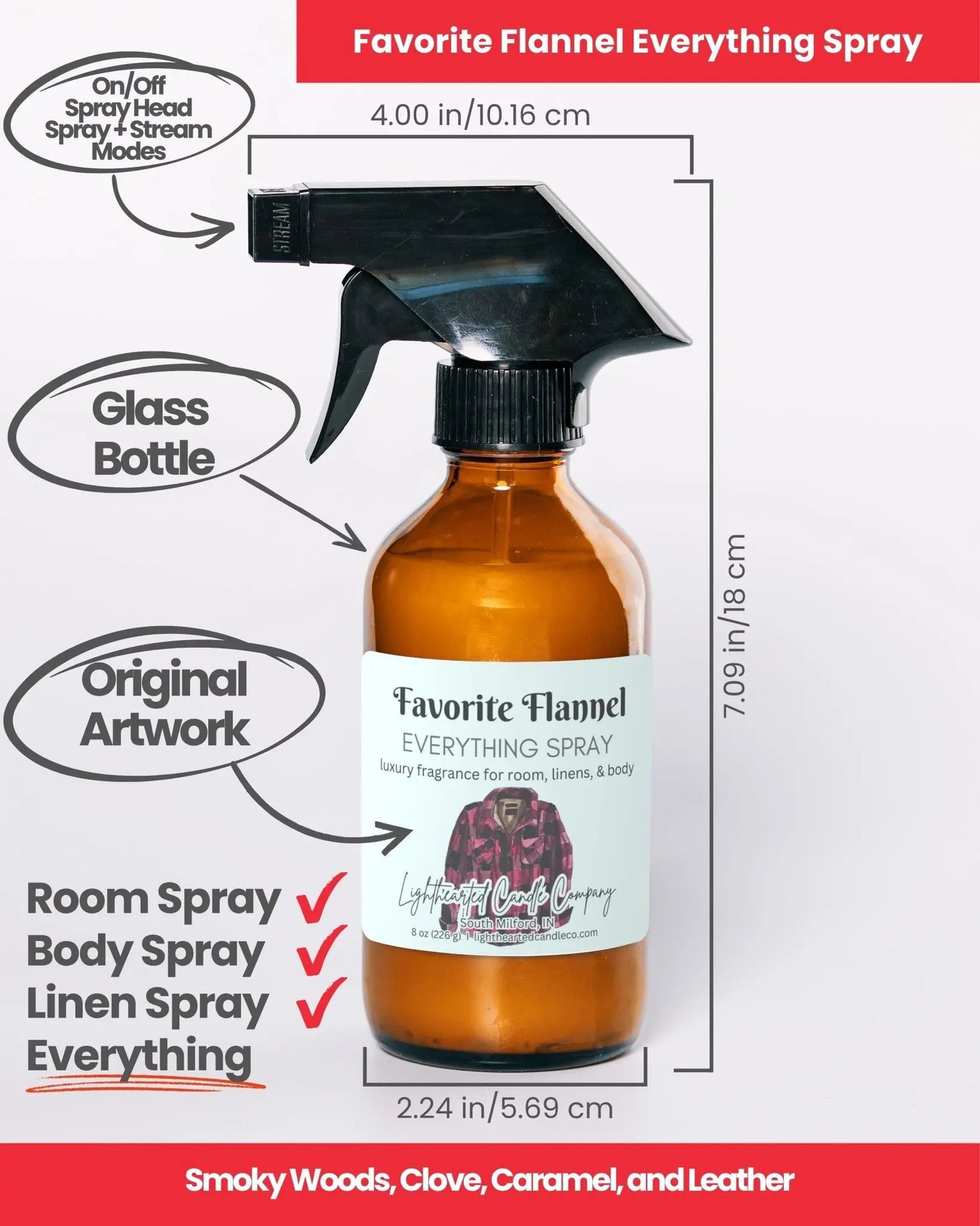 Favorite Flannel Everything Spray specs: 8 oz amber glass bottle and fine-mist sprayer for room, body and linen