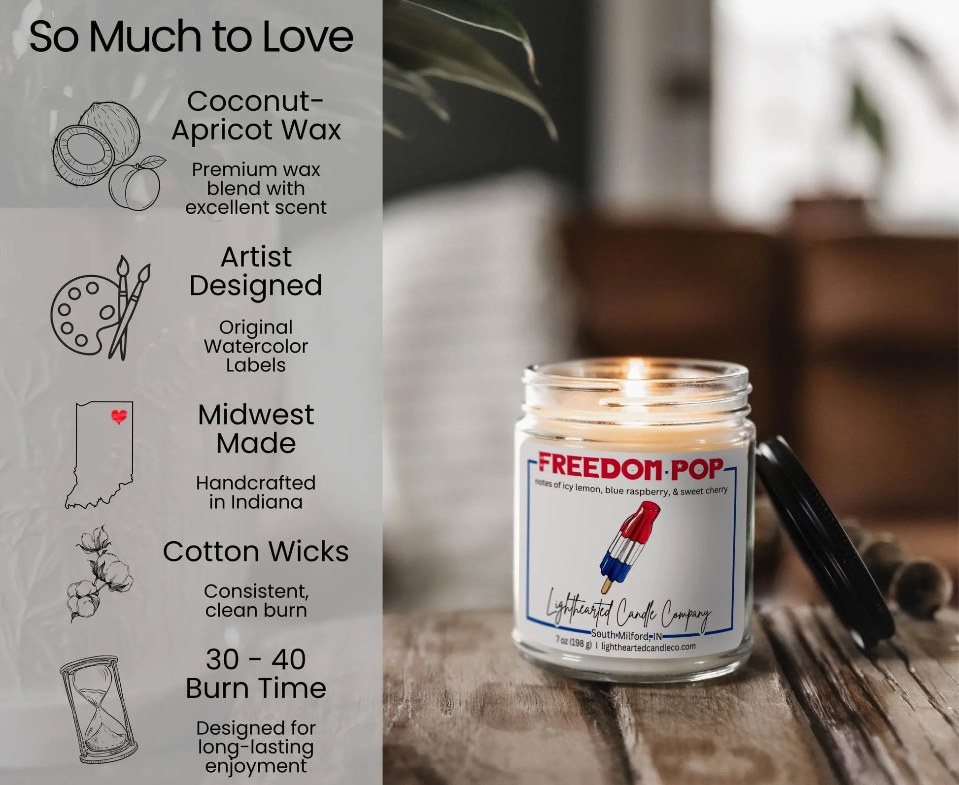 Freedom Pop Candle features: coconut-apricot wax, cotton wick, original art, Midwest made and 30–40 hour burn